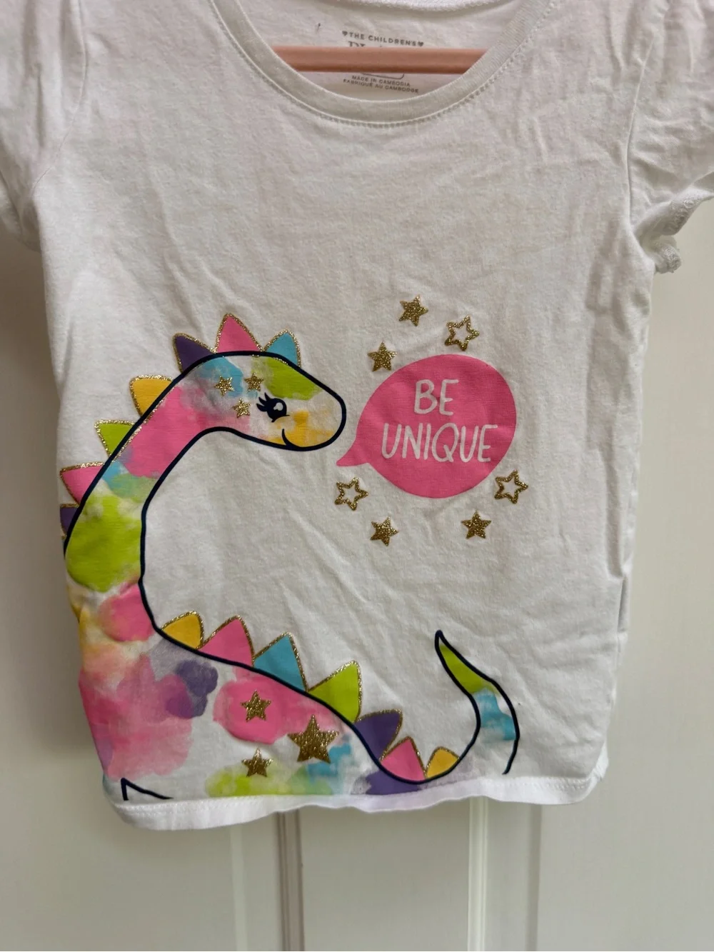 The Children's Place 4T Girls White Short-Sleeve Be Unique Dino Shirt Top Blouse
